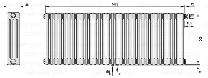 Схема (чертеж) Радиатор Zehnder Charleston 4090/32 №V008 Белый глянцевый RAL 9016